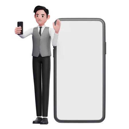 Businessman in grey vest standing while making video call and waving hand on big phone background  3D Illustration