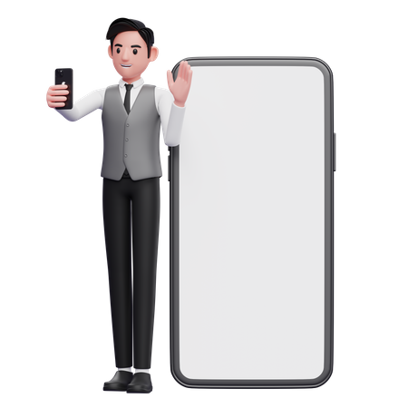 Businessman in grey vest standing while making video call and waving hand on big phone background 3D Illustration