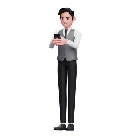 Businessman in grey vest Typing Message on the phone 3D Illustration