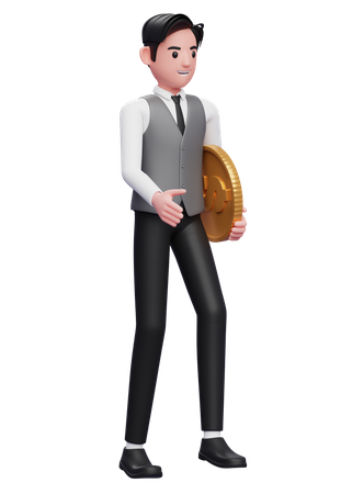 Businessman in grey vest walking while carrying coins 3D Illustration