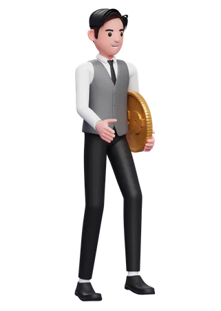 Businessman in grey vest walking while carrying coins 3D Illustration