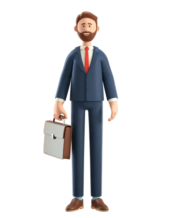 Portrait Of Smiling Bearded Businessman 3 D Illustration Of Cartoon Standing Male Character In Suit With Briefcase Isolated On White Background 3D Illustration