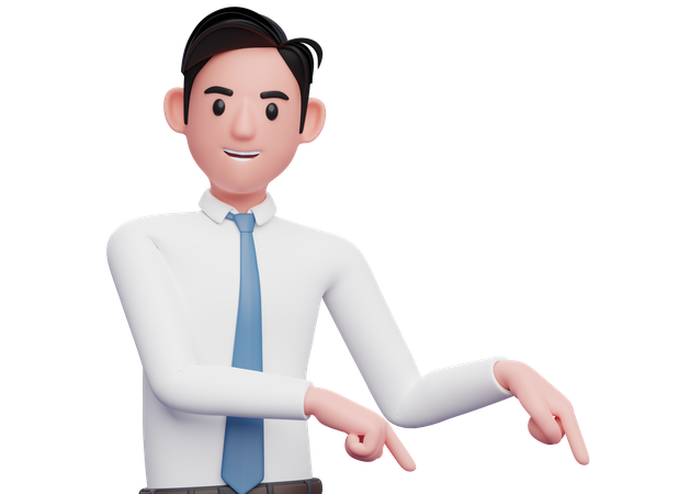 Businessman in white pointing to the lower right corner inviting to subscribe  3D Illustration