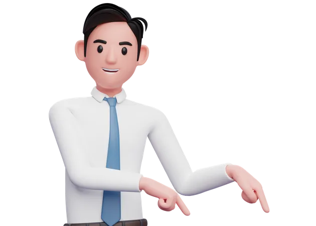 Businessman in white pointing to the lower right corner inviting to subscribe  3D Illustration