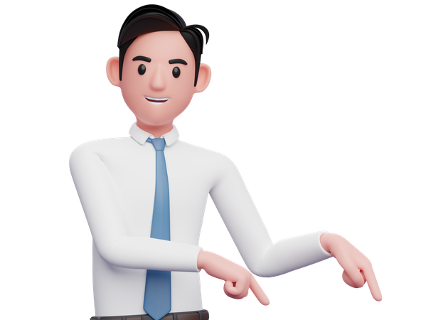 Businessman in white pointing to the lower right corner inviting to subscribe 3D Illustration