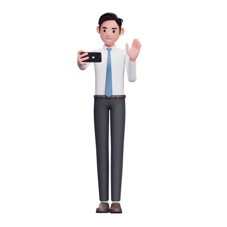Businessman in white shirt and blue tie make video calls 3D Illustration