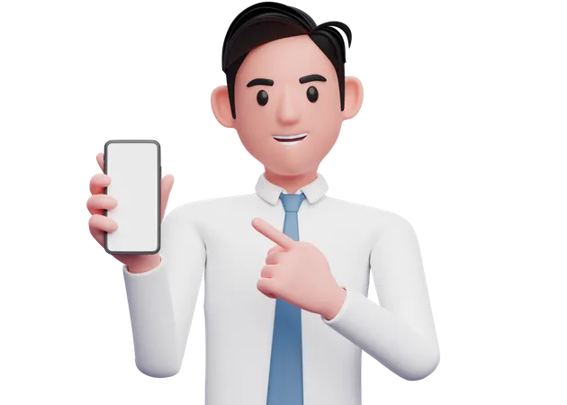 Businessman in white shirt and blue tie pointing cell phone in hand  3D Illustration