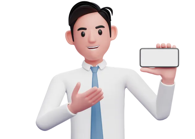 Businessman in white shirt and blue tie presenting landscape screen phone 3D Illustration