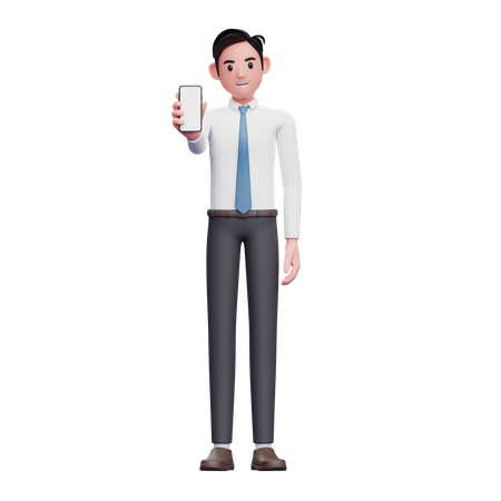 Businessman in white shirt and blue tie showing phone screen  3D Illustration