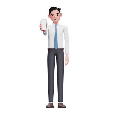 Businessman in white shirt and blue tie showing phone screen  3D Illustration