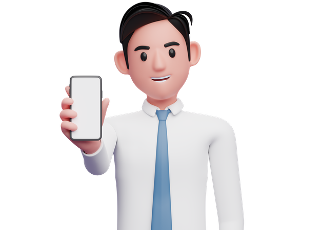 Businessman in white shirt and blue tie showing the phone screen to the camera  3D Illustration