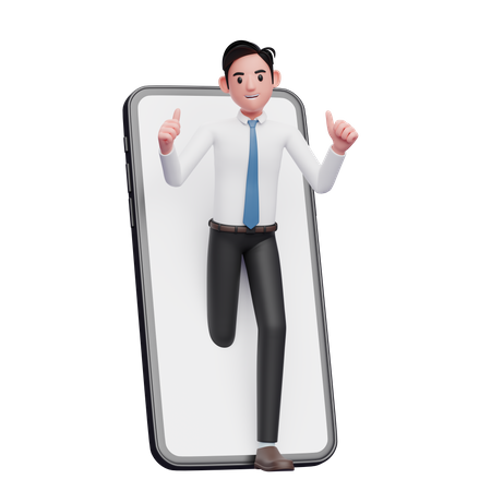 Businessman in white shirt appears from inside the phone screen while giving a thumbs up  3D Illustration