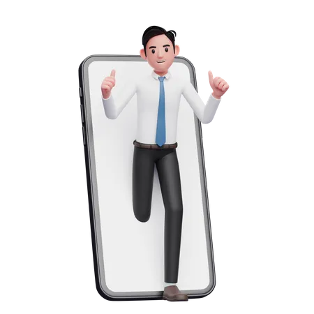 Businessman in white shirt appears from inside the phone screen while giving a thumbs up  3D Illustration