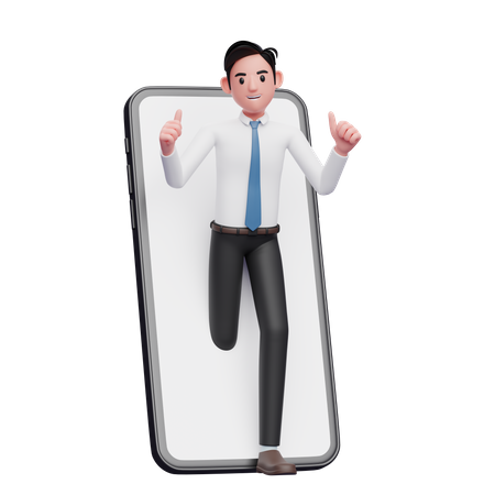 Businessman in white shirt appears from inside the phone screen while giving a thumbs up 3D Illustration