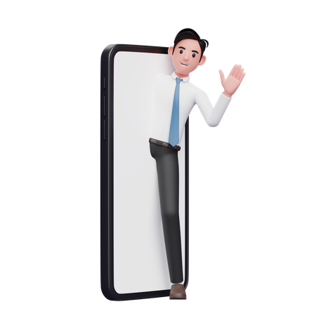 Businessman in white shirt appears from the big phone screen and say hi  3D Illustration