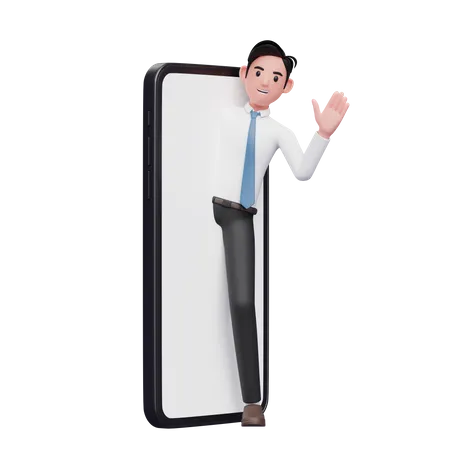 Businessman in white shirt appears from the big phone screen and say hi  3D Illustration