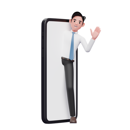 Businessman in white shirt appears from the big phone screen and say hi 3D Illustration