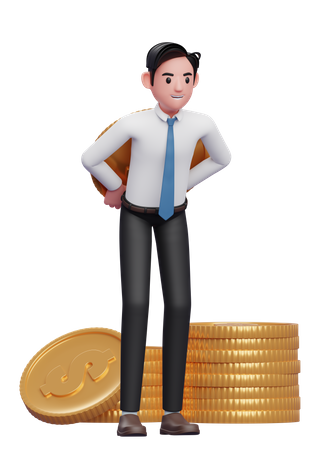 Businessman in white shirt blue tie carrying a giant coin on his back  3D Illustration