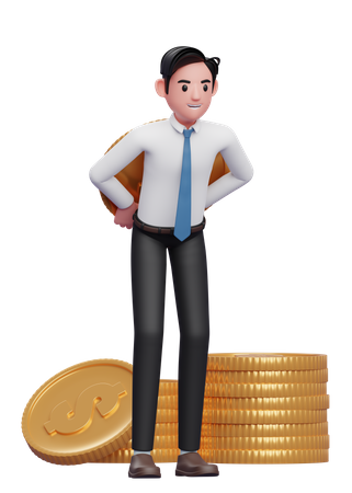 Businessman in white shirt blue tie carrying a giant coin on his back 3D Illustration
