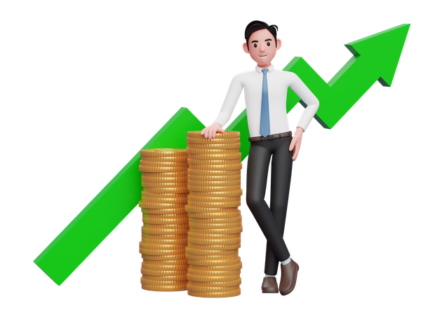 Businessman in white shirt blue tie leaning on pile of gold coins with growing statistics ornament on the back 3D Illustration