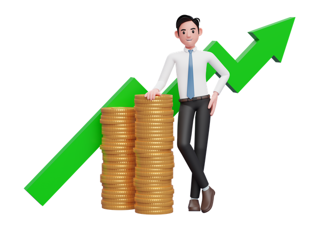 Businessman in white shirt blue tie leaning on pile of gold coins with growing statistics ornament on the back  3D Illustration