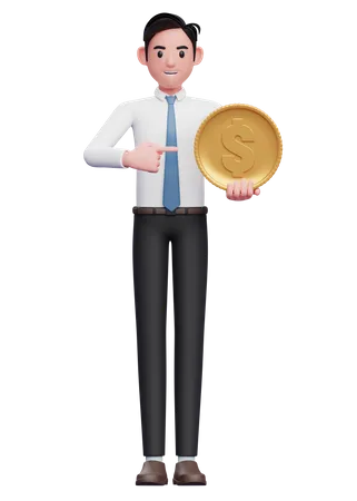 Businessman in white shirt blue tie pointing coin  3D Illustration