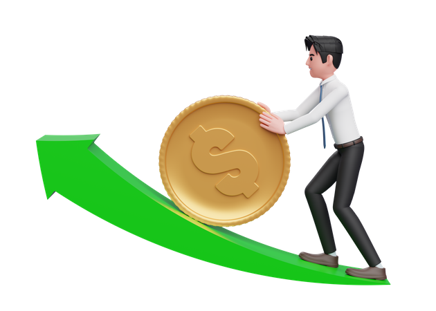 Businessman in white shirt blue tie pushing dollar gold coin up growing green arrow  3D Illustration