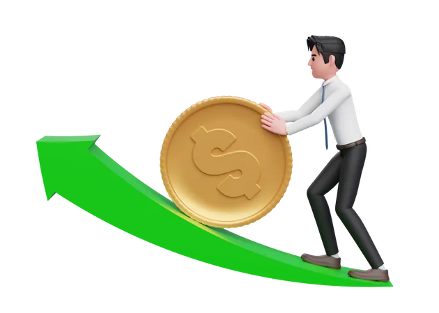 Businessman in white shirt blue tie pushing dollar gold coin up growing green arrow  3D Illustration