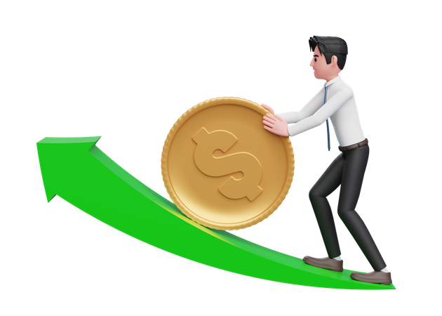 Businessman in white shirt blue tie pushing dollar gold coin up growing green arrow 3D Illustration