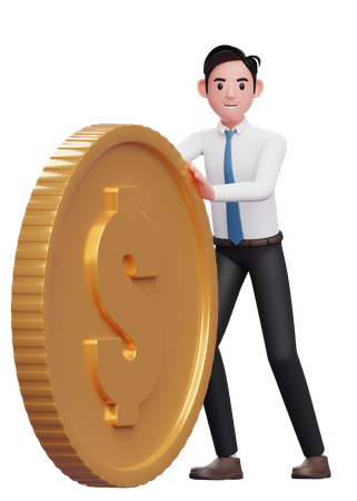 Businessman in white shirt blue tie send big coins by pushing  3D Illustration