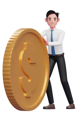 Businessman In White Shirt Blue Tie Send Big Coins By Pushing 3 D Illustration Of A Businessman In White Shirt Holding Dollar Coin 3D Illustration