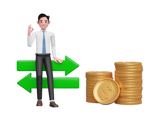Businessman in white shirt blue tie sitting on exchange rate icon with hand gesture ok finger 3D Illustration