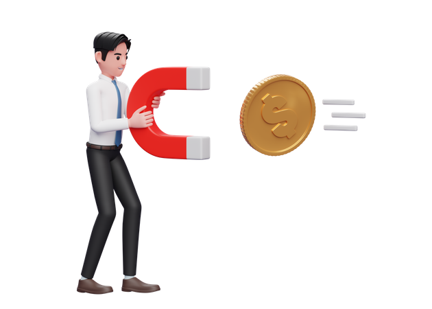 Businessman in white shirt blue tie standing holding magnet attracting gold coin  3D Illustration