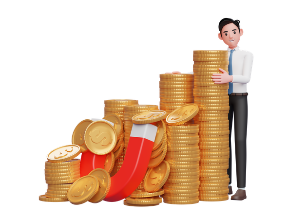 Businessman in white shirt blue tie standing hugging pile of gold coins caught by magnet  3D Illustration