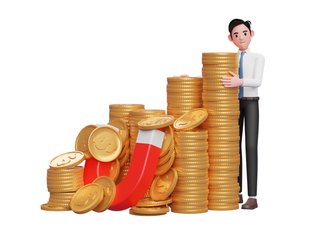 Businessman in white shirt blue tie standing hugging pile of gold coins caught by magnet 3D Illustration