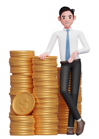 Businessman in white shirt blue tie standing with crossed legs and leaning on pile of coins  3D Illustration