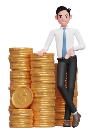 Businessman in white shirt blue tie standing with crossed legs and leaning on pile of coins  3D Illustration