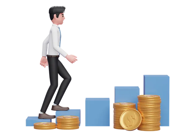 Businessman in white shirt blue tie walking up the stock chart with ornaments several piles of gold coins  3D Illustration