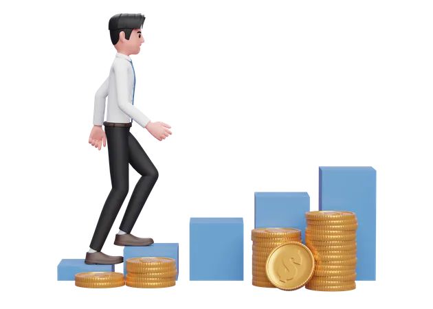 Businessman in white shirt blue tie walking up the stock chart with ornaments several piles of gold coins 3D Illustration