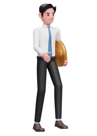 Businessman in white shirt blue tie walking while carrying coins  3D Illustration