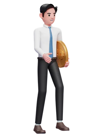 Businessman in white shirt blue tie walking while carrying coins 3D Illustration