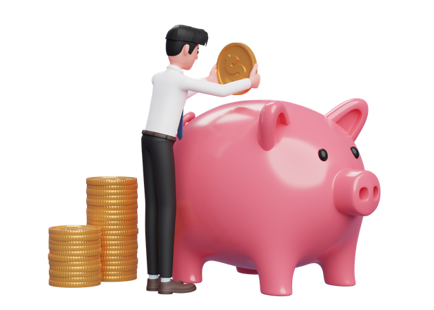 Businessman in white shirt carefully keeps gold coins in pink piggy bank 3D Illustration
