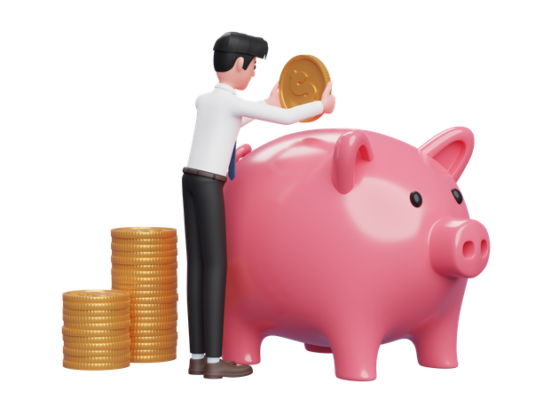 Businessman in white shirt carefully keeps gold coins in pink piggy bank  3D Illustration