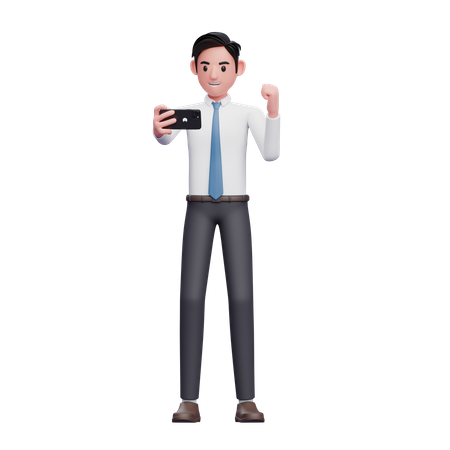 Businessman in white shirt celebrating while looking at the phone  3D Icon