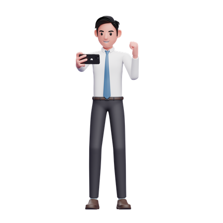 Businessman in white shirt celebrating while looking at the phone  3D Illustration