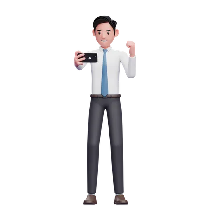 Businessman In White Shirt Celebrating While Looking At The Phone Screen 3 D Illustration Of Businessman Using Phone 3D Illustration