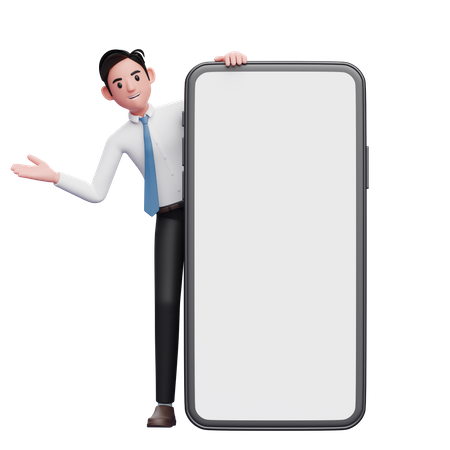 Businessman in white shirt emerges from behind big cell phone  3D Illustration