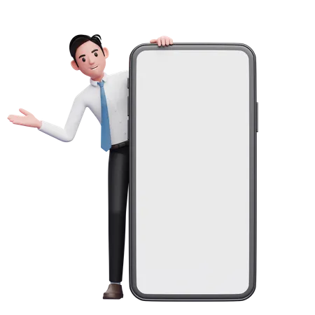 Businessman in white shirt emerges from behind big cell phone  3D Illustration