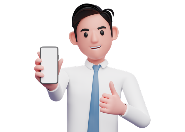 Businessman in white shirt giving appreciation with a thumbs while showing a mobile screen  3D Icon