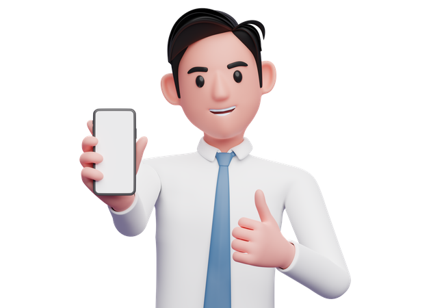Businessman in white shirt giving appreciation with a thumbs while showing a mobile screen 3D Illustration